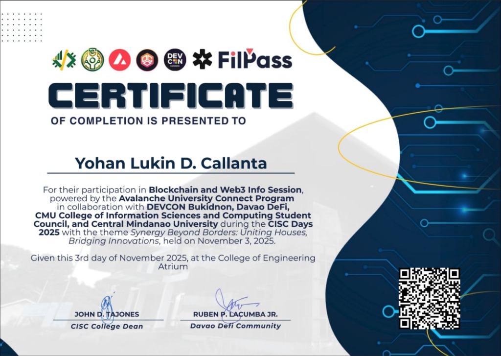 Avalanche University Connect completion certificate