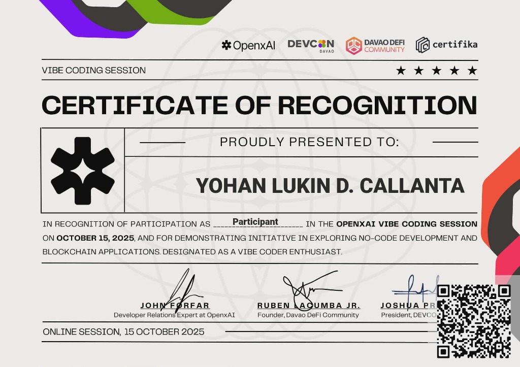 OpenAI Vibe Recognition certificate