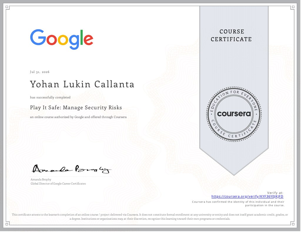 Play It Safe: Manage Security Risks certificate