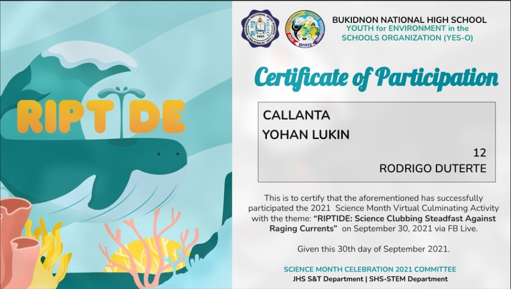 Science Month RIPTIDE participation certificate