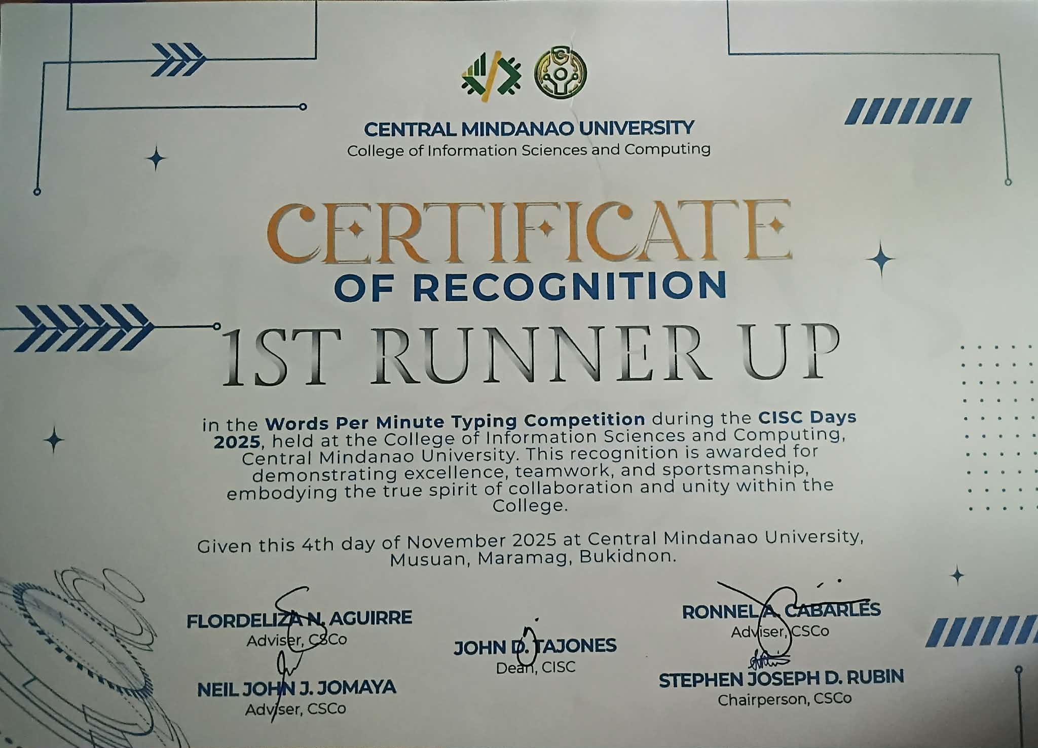 Typing Speed Championship certificate