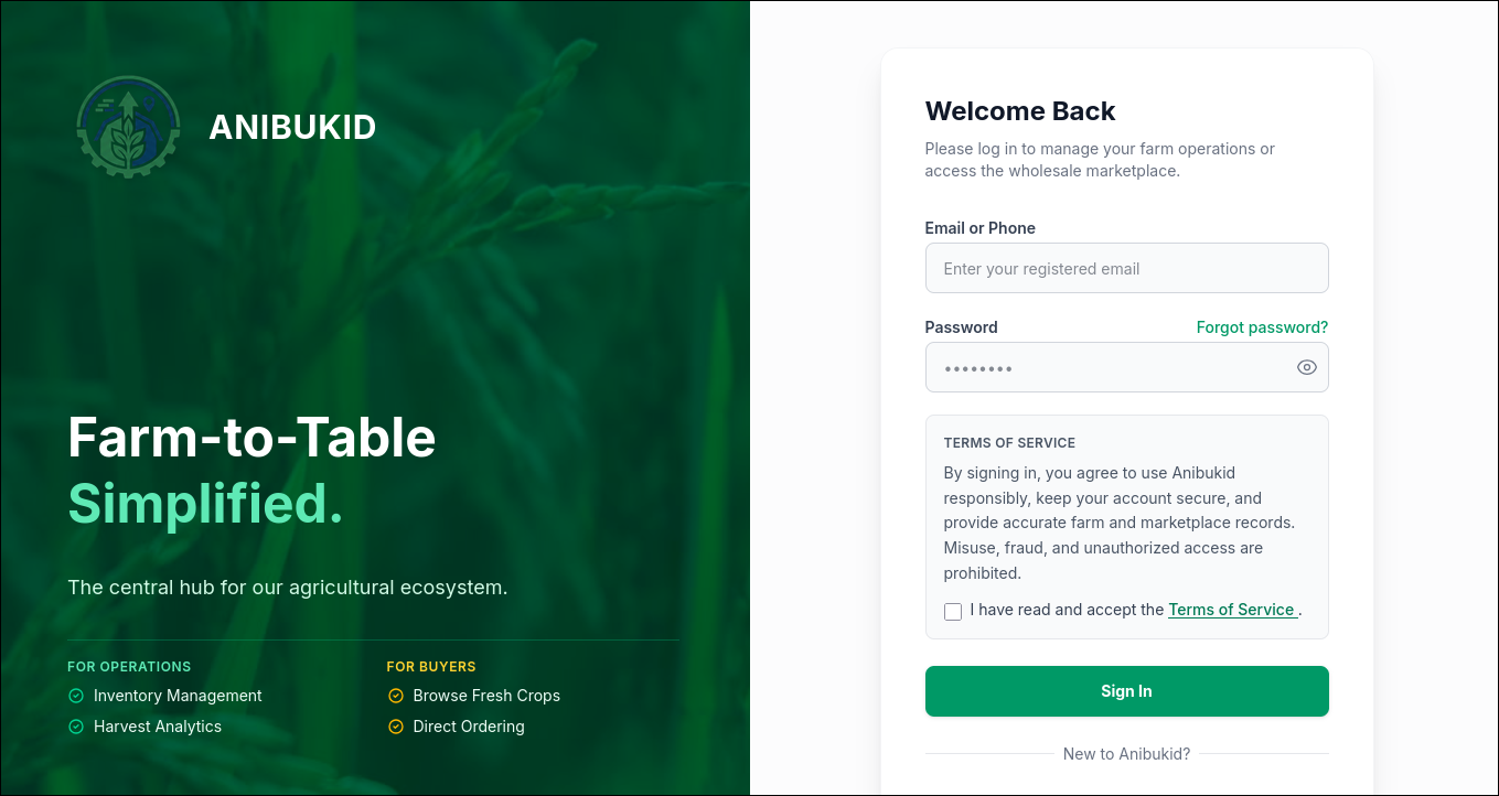 ANIBUKID farm-to-table login page
