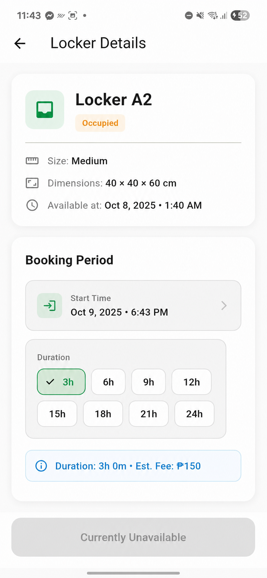Lucker booking duration selection